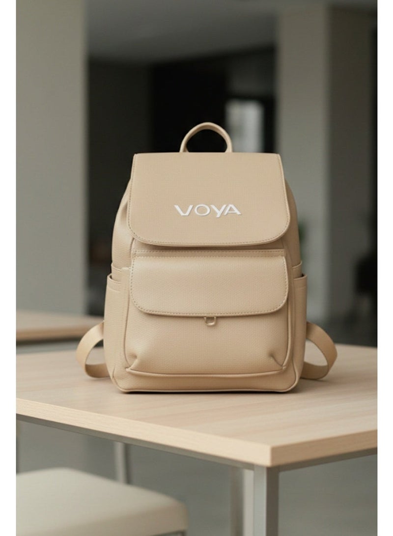 Voya Leather Backpack with  Durable Material, and Multiple Compartments - Beige - Image 1